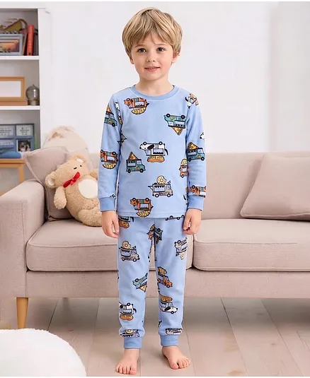 Carter's Cotton Knit Full Sleeves Co-ord Night Suit With Car Print - Light Blue