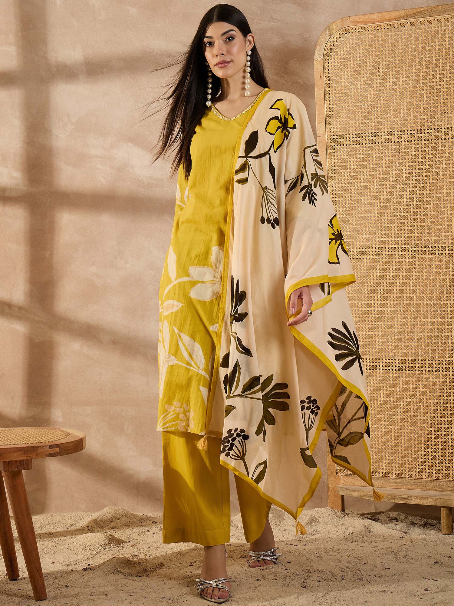 CHETI Women Pure Cotton Printed Kurta With Pant & Dupatta Yellow