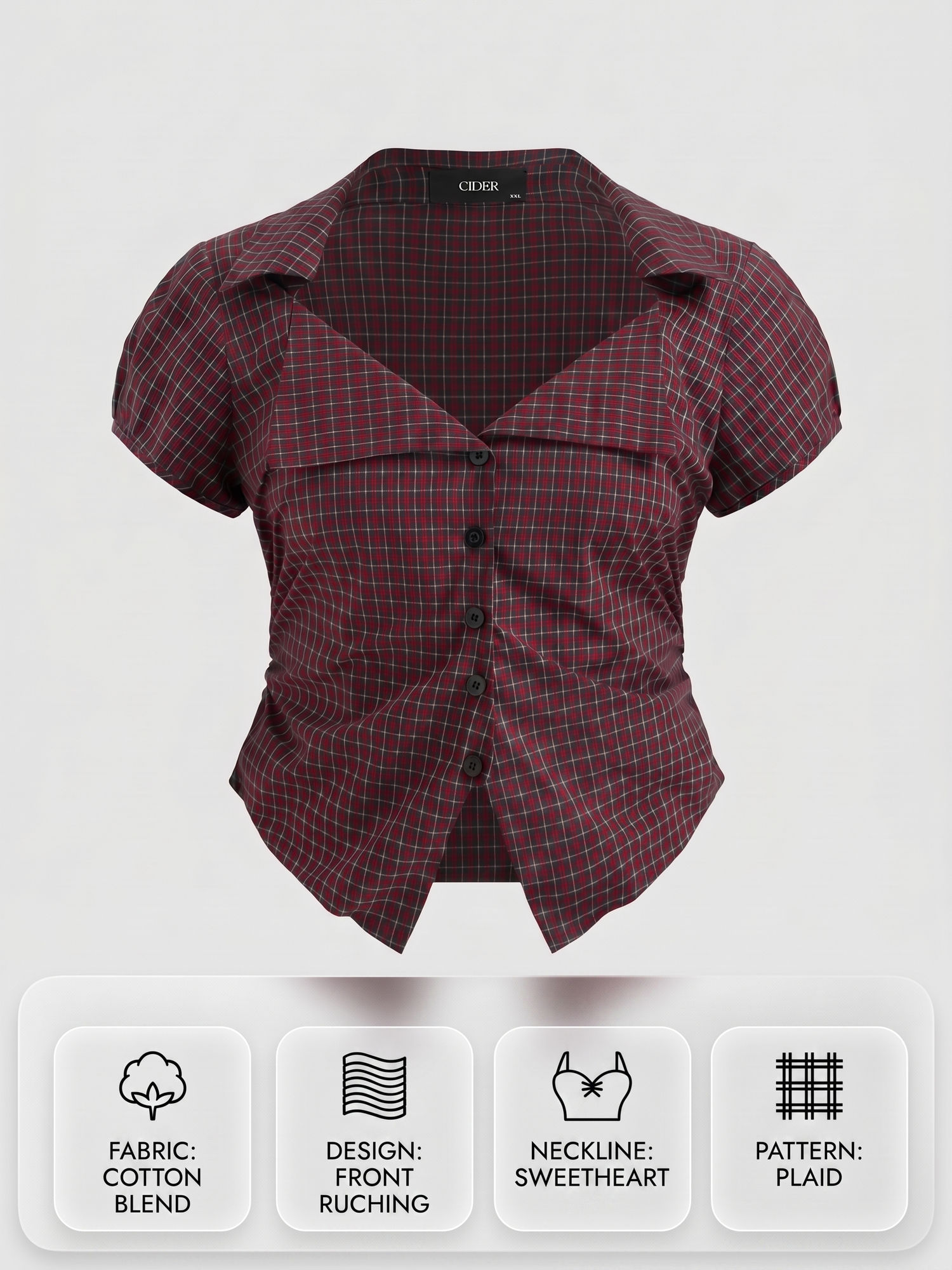 Cider 100% Cotton Tartan Split Ruched Shirt Curve & Plus