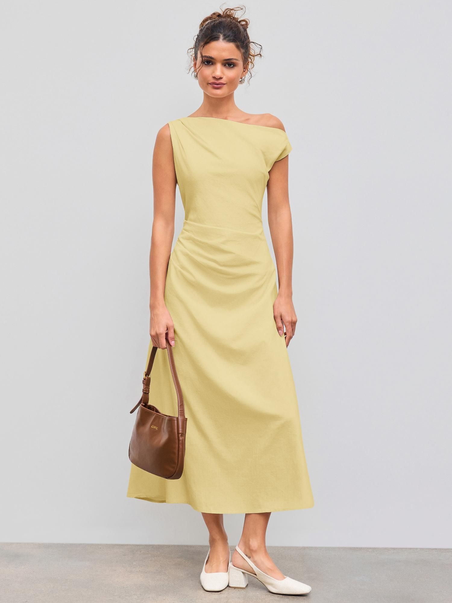 Cider Asymmetrical Neck Solid Ruched Maxi Dress