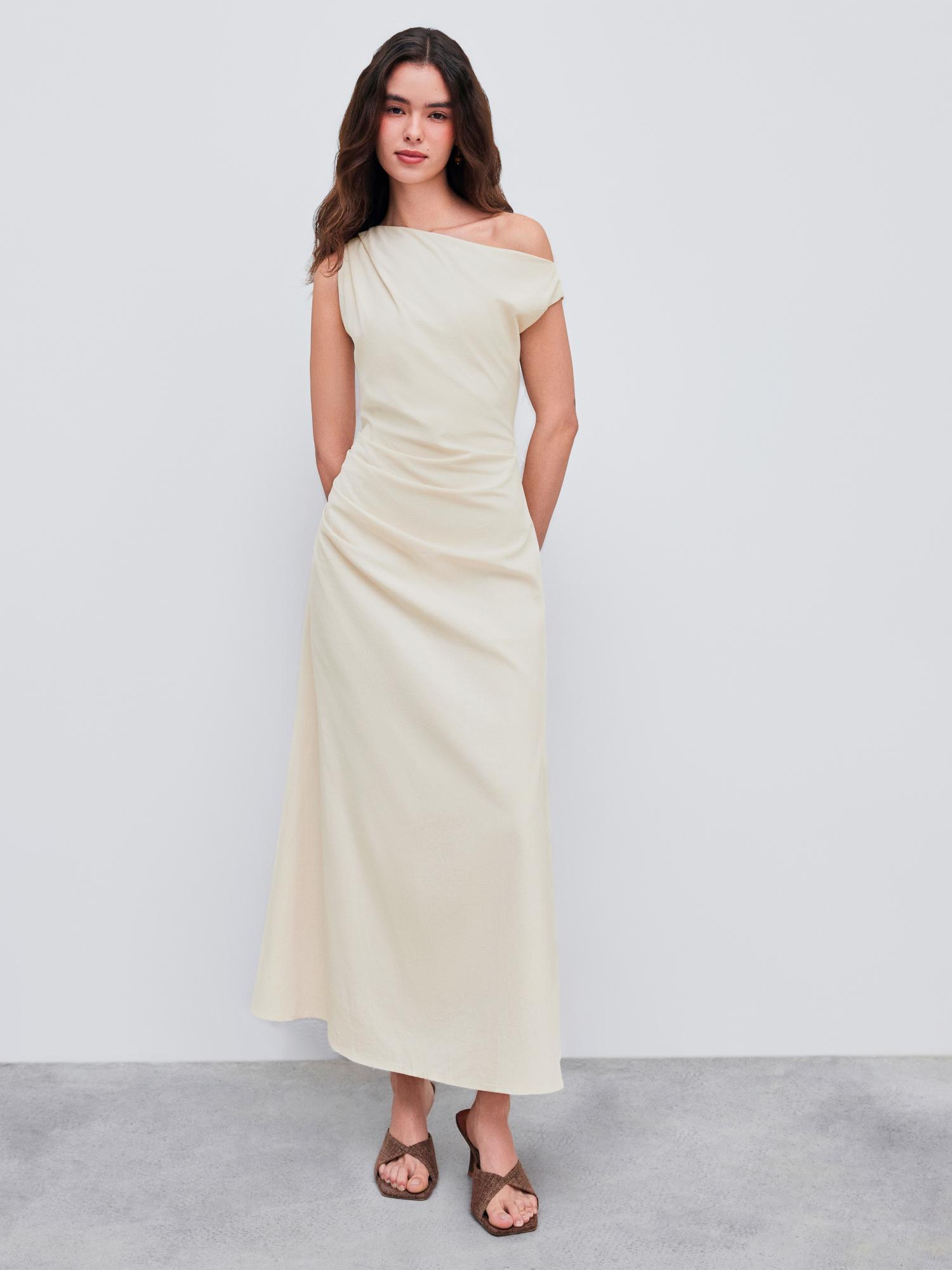 Cider Beige Asymmetrical Neck Solid Ruched Maxi Dress
