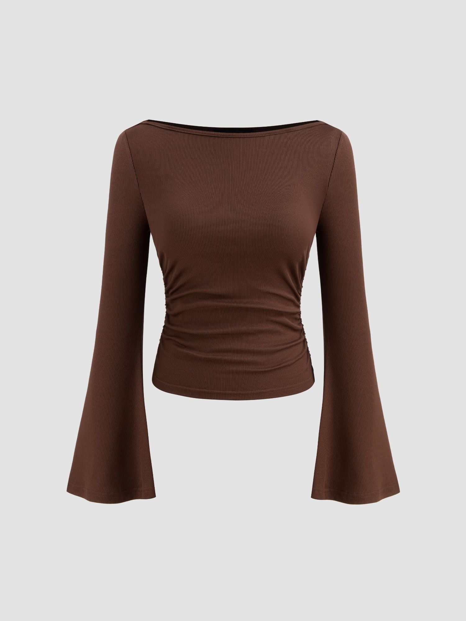 Cider Boat Neck Solid Ruched Long Sleeve Tee