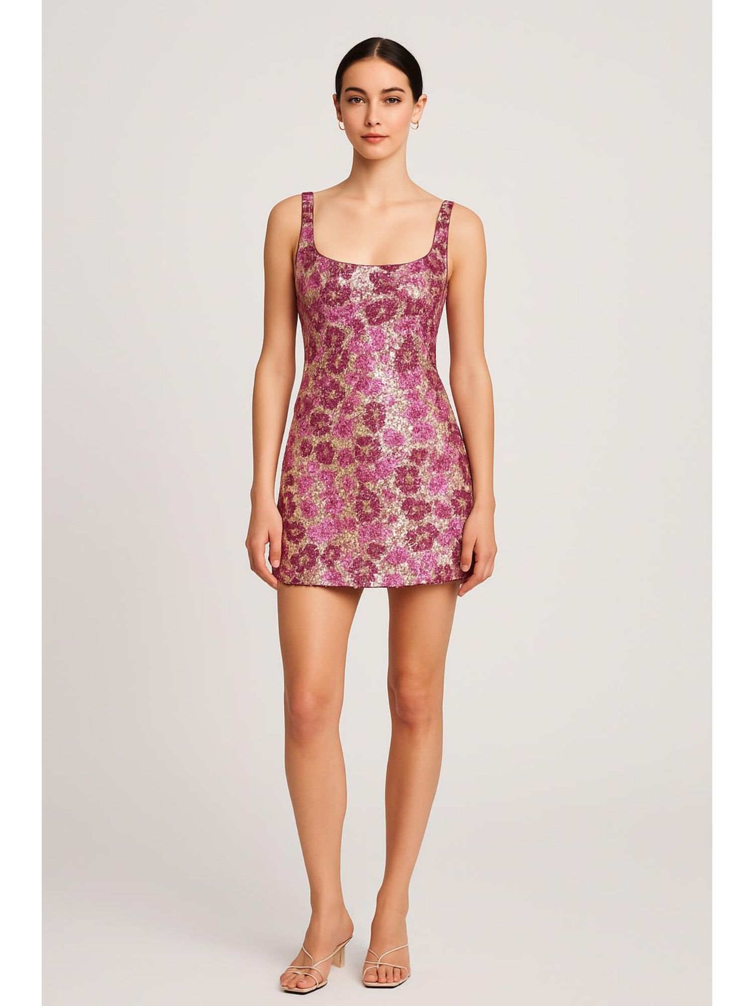 Cider Floral Sequin Scoop Neckline Split Mini Dress