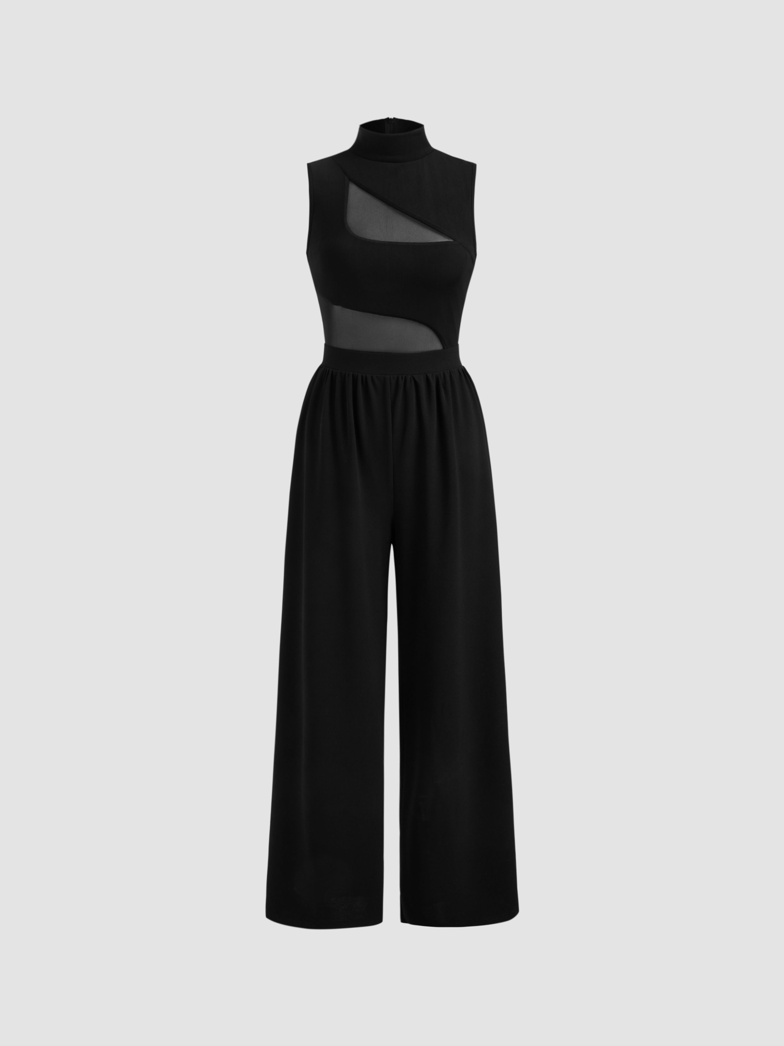 Cider High Neck Solid Cut Out Patched Wide Leg Jumpsuit