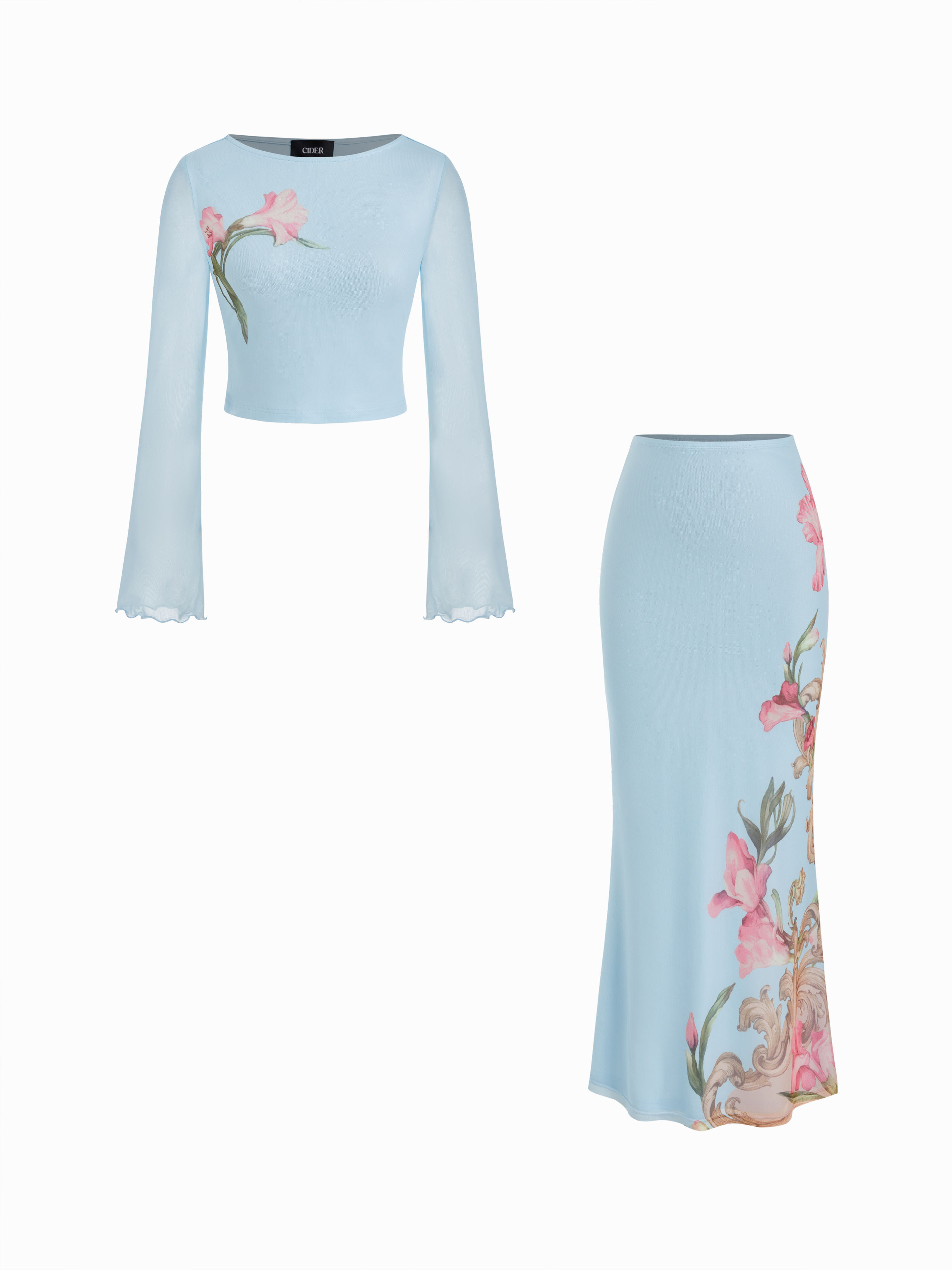 Cider Mesh Floral Lettuce Trim Crop Top & Mid Rise Ruffle Maxi Skirt Set