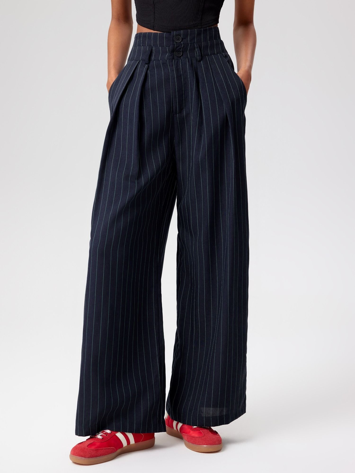 Cider Mid Waist Striped Pleated Button Trousers