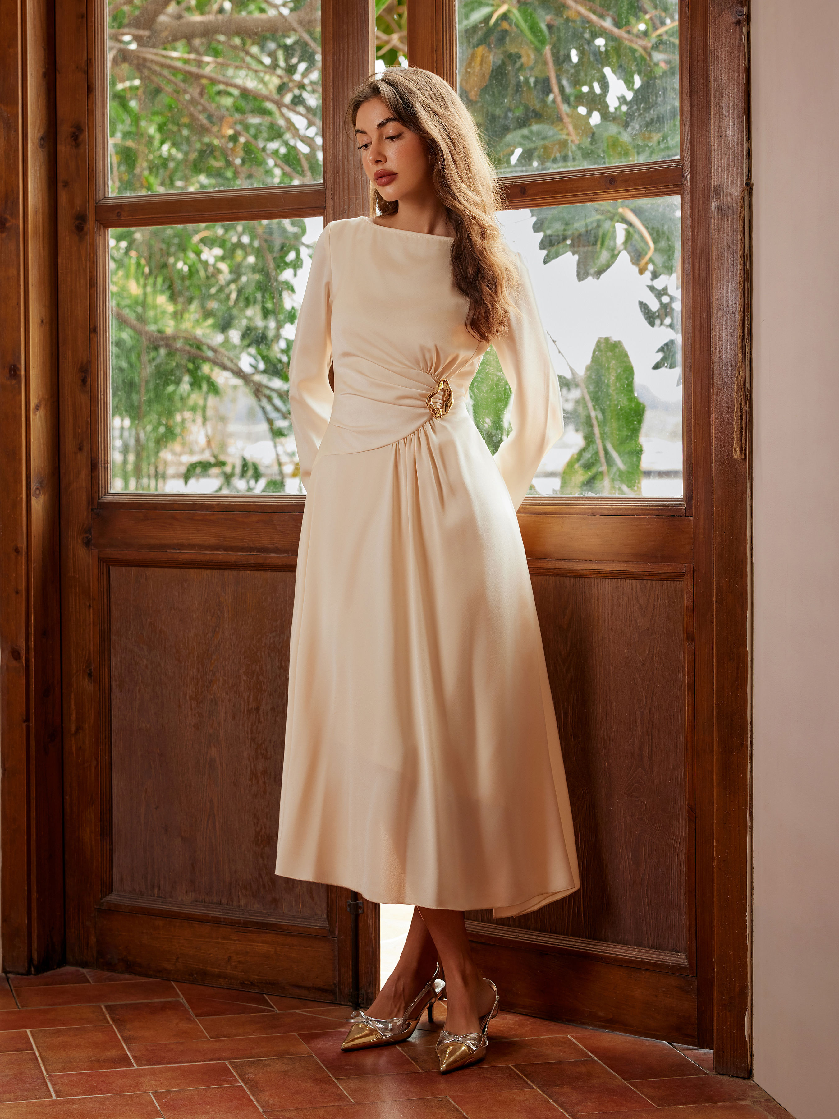 Cider Satin Boat Neck Metal Detail Ruched Knotted Ruffle Dress