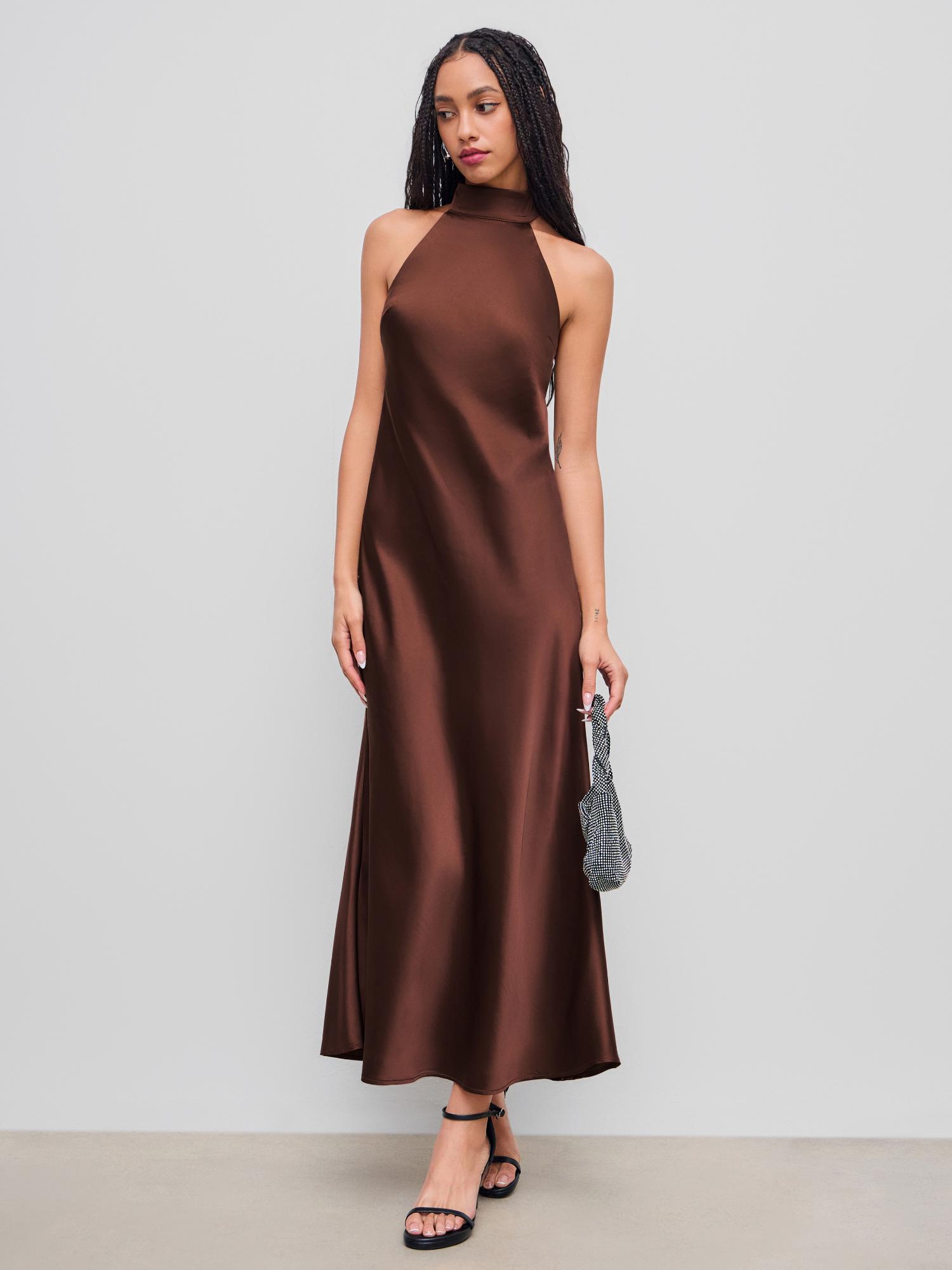Cider Satin Halter Neckline Backless Dress