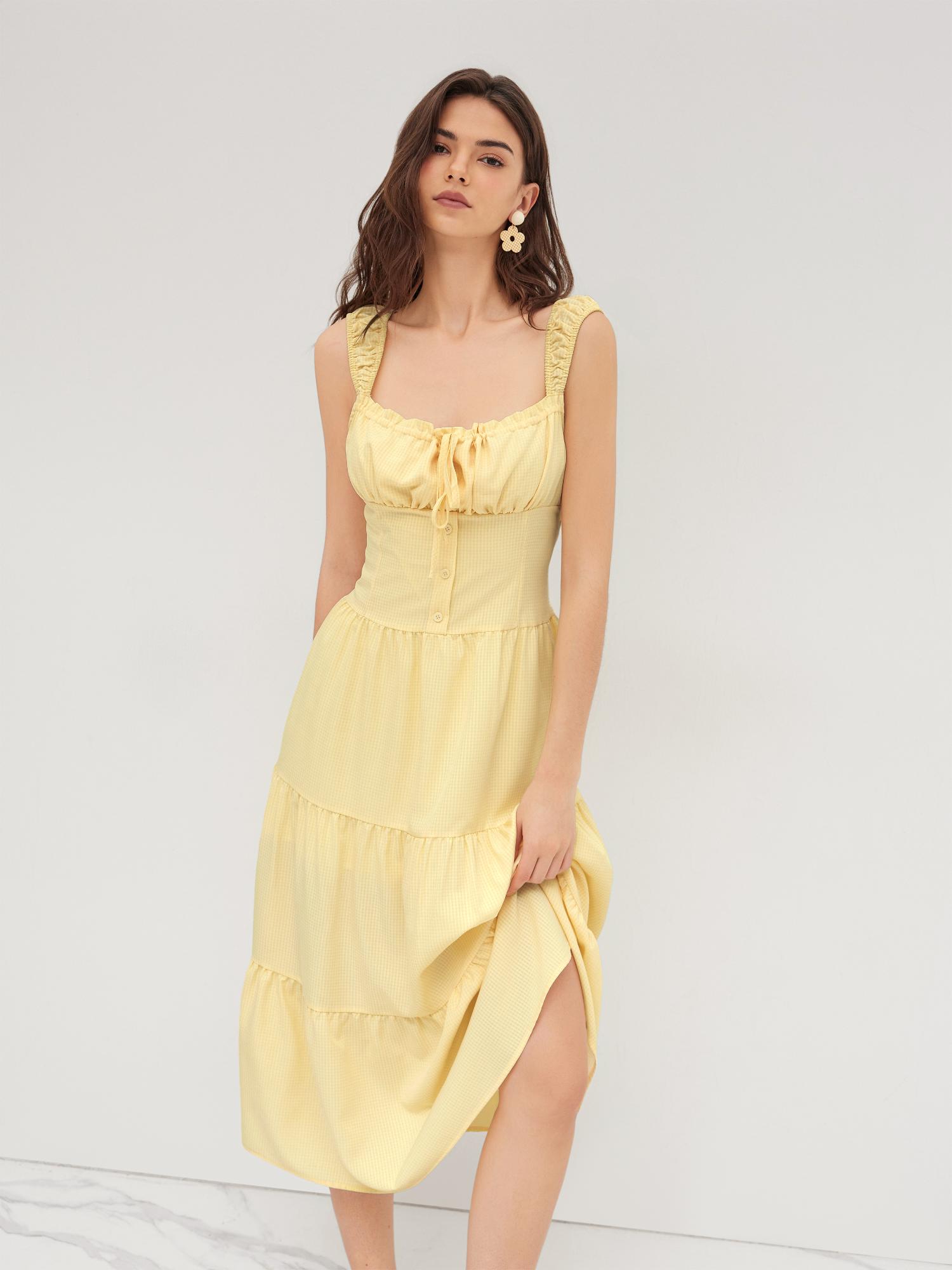 Cider Square Neck Check Tiered Ruffle Midi Dress