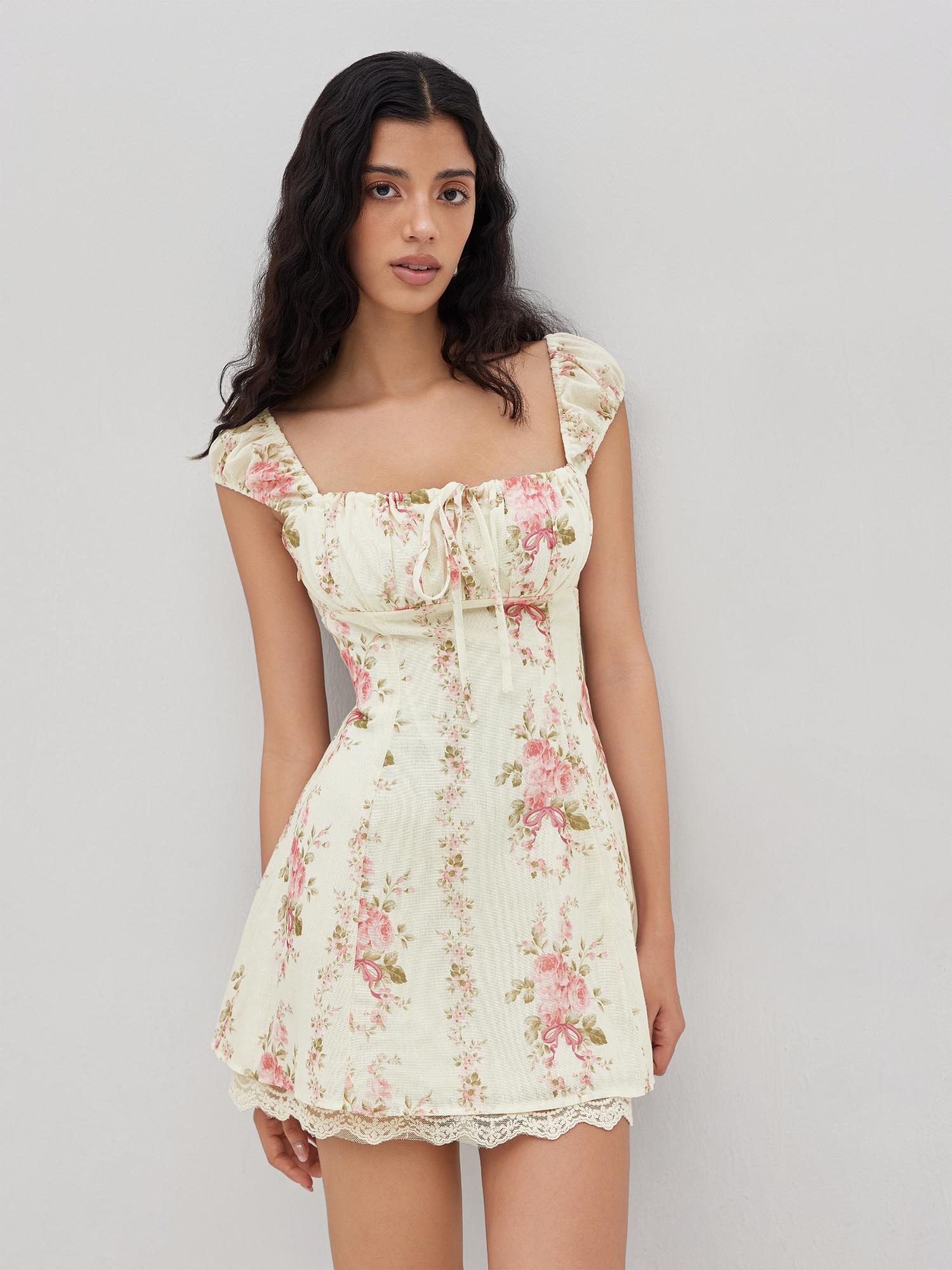 Cider Square Neck Floral Knotted Mini Dress
