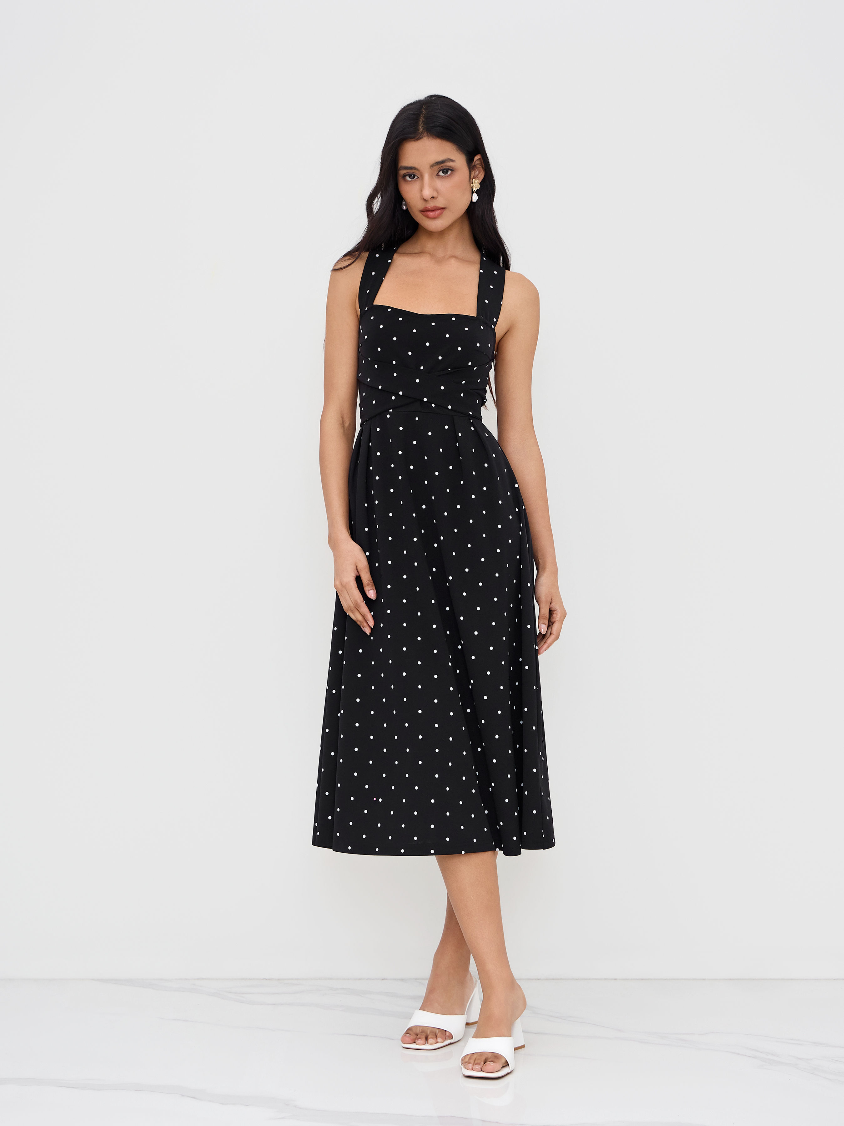Cider Square Neck Polka Dot Ruffle Criss Cross Dress
