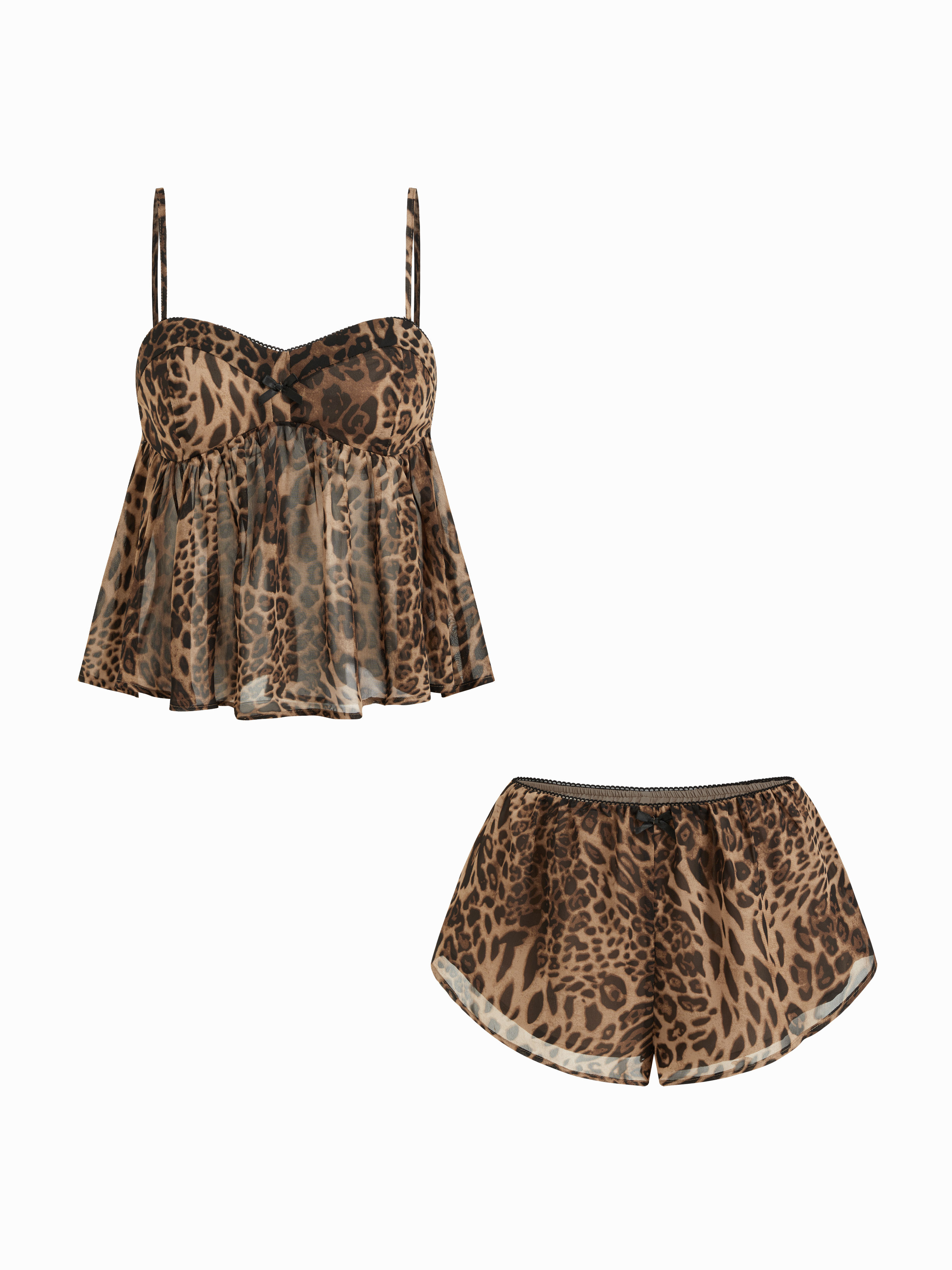 Cider Sweetheart Neckline Leopard Bowknot Cami Top & Low Rise Shorts Loungewear Set