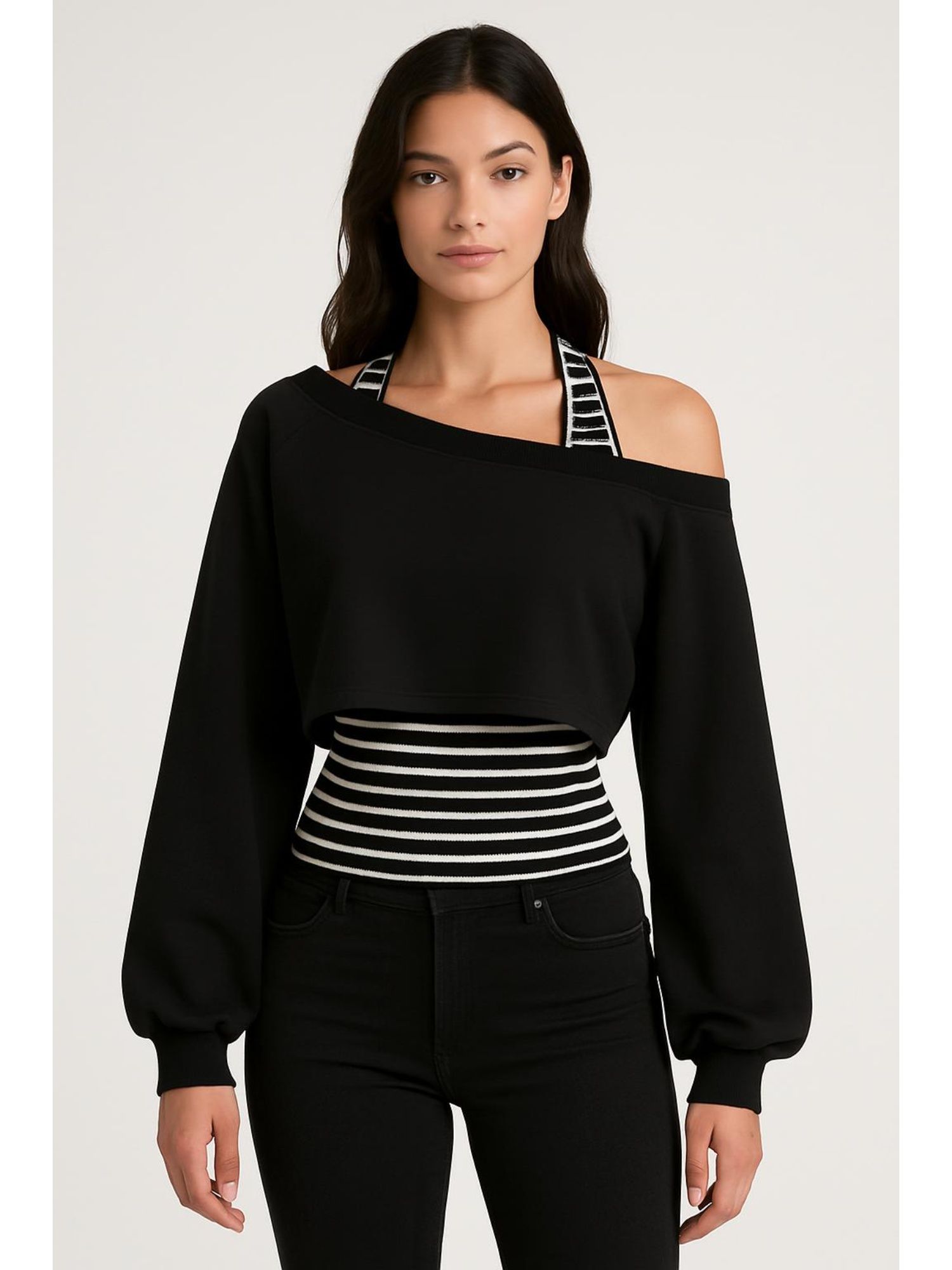 Cider Two Piece Terry Asymmetrical Neck Crop Sweatshirt With Striped Tank Top