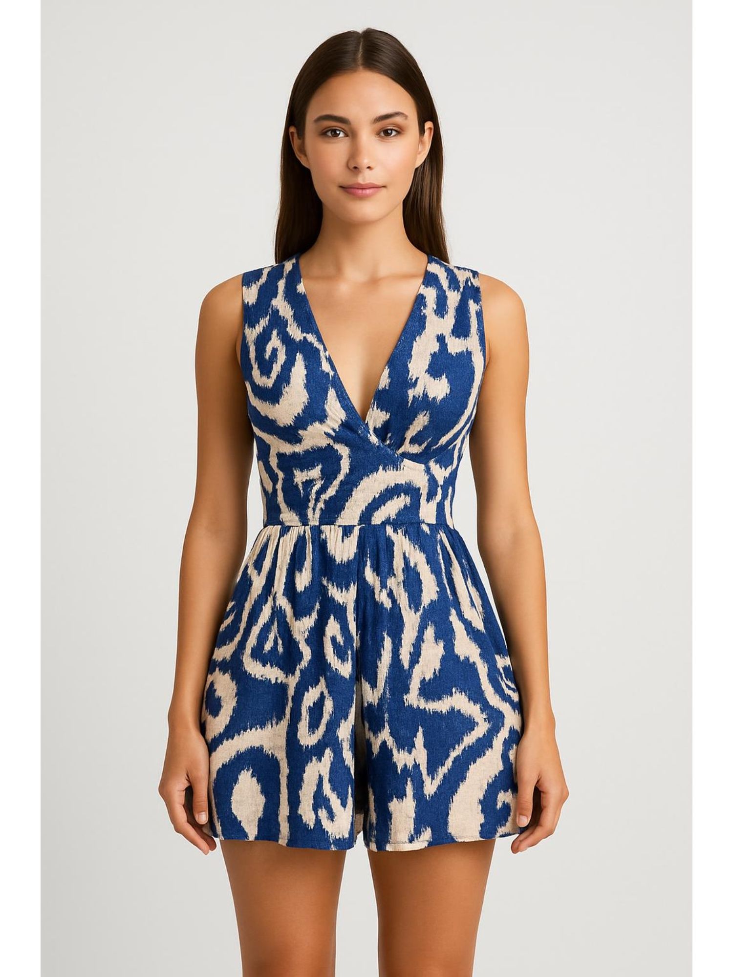 Cider V-Neck Abstract Pocket Zipper Romper