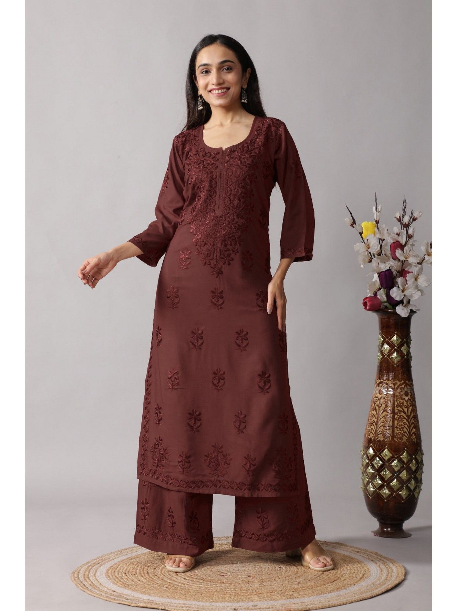 Colorkosh Chocolate Brown Rayon Chikankari Embroidered Stylish Kurta with Palazzo