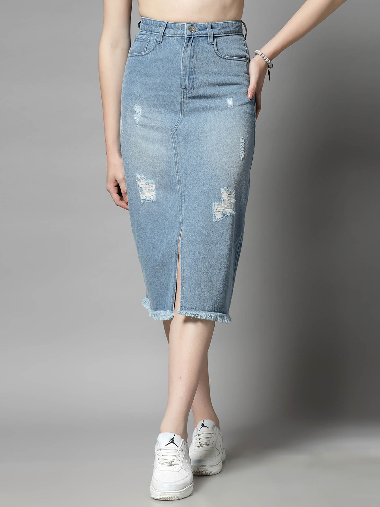 COSMIC TRIO Distressed Denim Midi Skirt