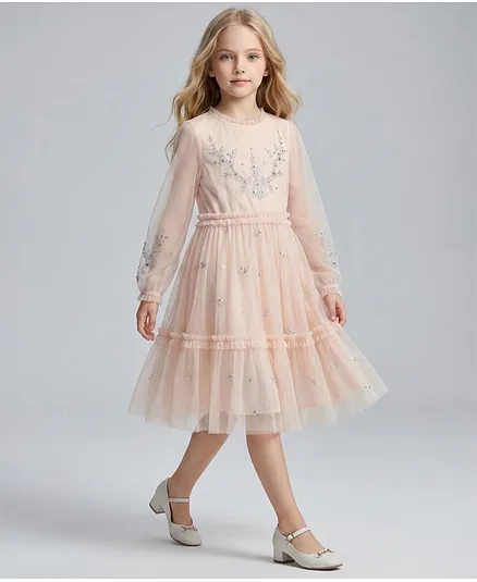Creative Kids Net Woven Full Sleeves Stones Embellished Dress - Peach
