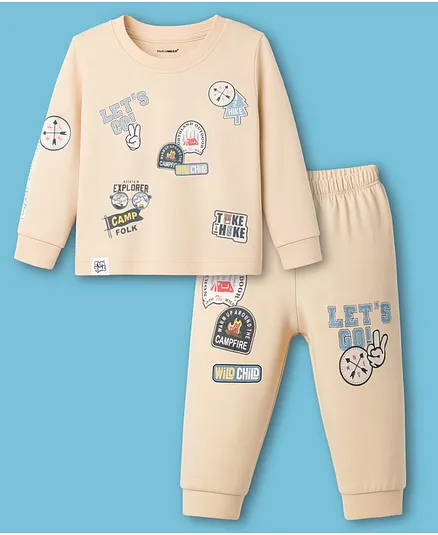 CUCUMBER Interlock Knit Full Sleeves T-Shirt & Lounge Pant Set With Camping Print - Ivory