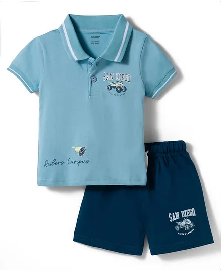 CUCUMBER Knitted Half Sleeves Polo T-Shirts & Shorts Set Vehicles Print- Blue