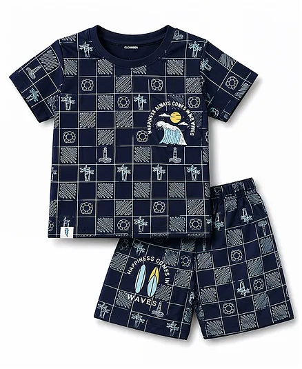 CUCUMBER Sinker Knit Half Sleeves Beach Theme & Checked Printed Co-Ords T-Shirt & Shorts Set - Navy Blue