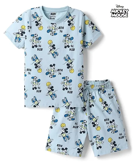 CUCUMBER Sinker Knit Half Sleeves Co-Ords Mickey Mouse Printed T-Shirt & Shorts Night Suit - Sky