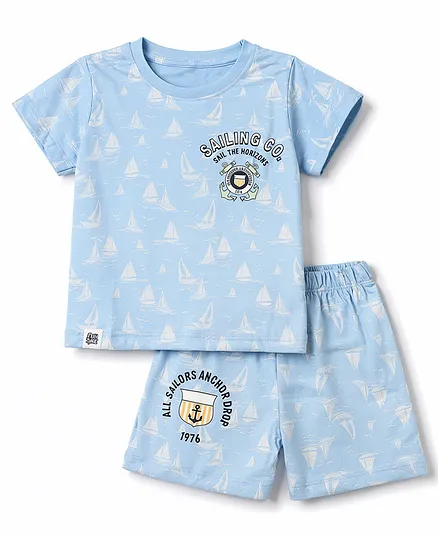 CUCUMBER Sinker Knit Half Sleeves Nautical Theme Printed Co-Ords T-Shirt & Shorts Set - Light Blue