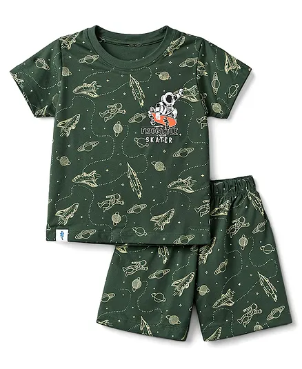 CUCUMBER Sinker Knit Half Sleeves Space Theme Printed Co-Ords T-Shirt & Shorts Set - Dark Green