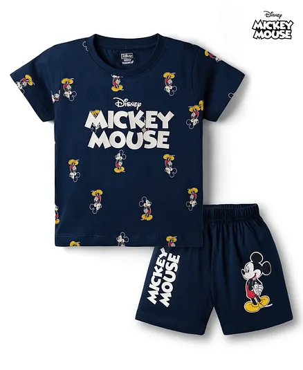 CUCUMBER Sinker Knit Half Sleeves T-Shirt & Shorts Set With Mickey Mouse Graphic - Navy Blue