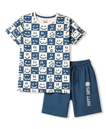 CUCUMBER Sinker Knit Half Sleeves T-Shirt & Shorts Set with Smiley Print - Charcoal Grey