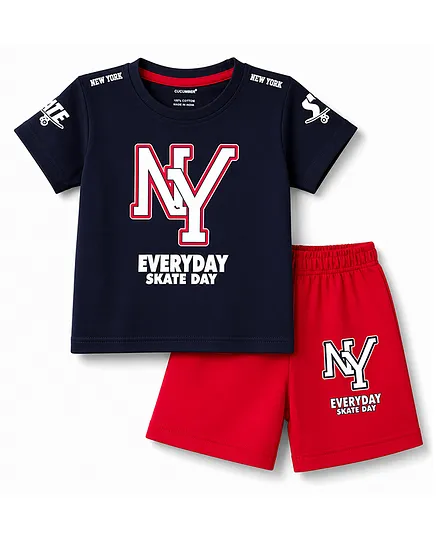 CUCUMBER Sinker Knit Half Sleeves Text Printed T-Shirt & Shorts Set - Navy Blue