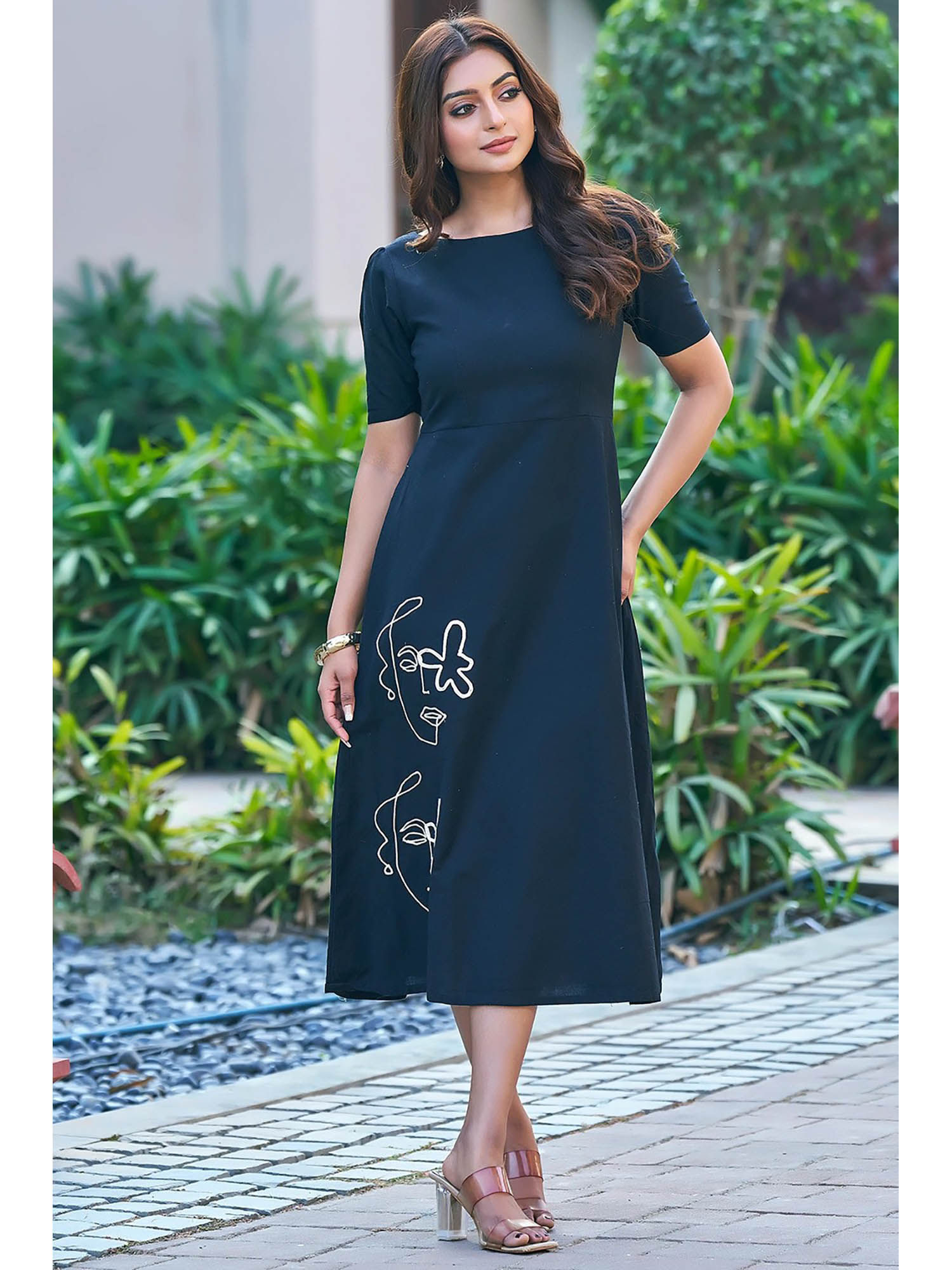 Curvy Lane Black Embroidered A-Line Midi Dress