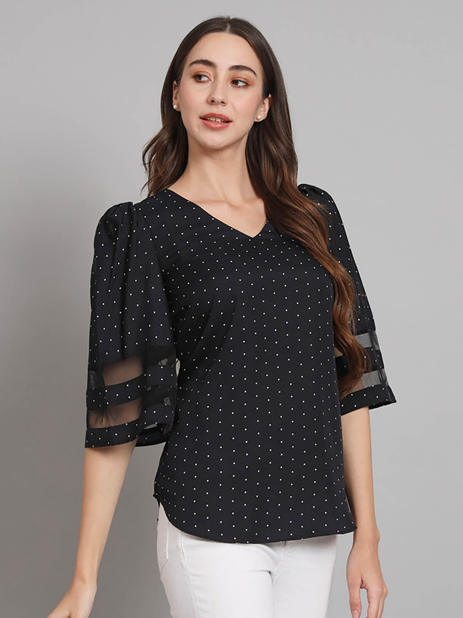 Curvydrobe Casual Polka Print Women Black Top