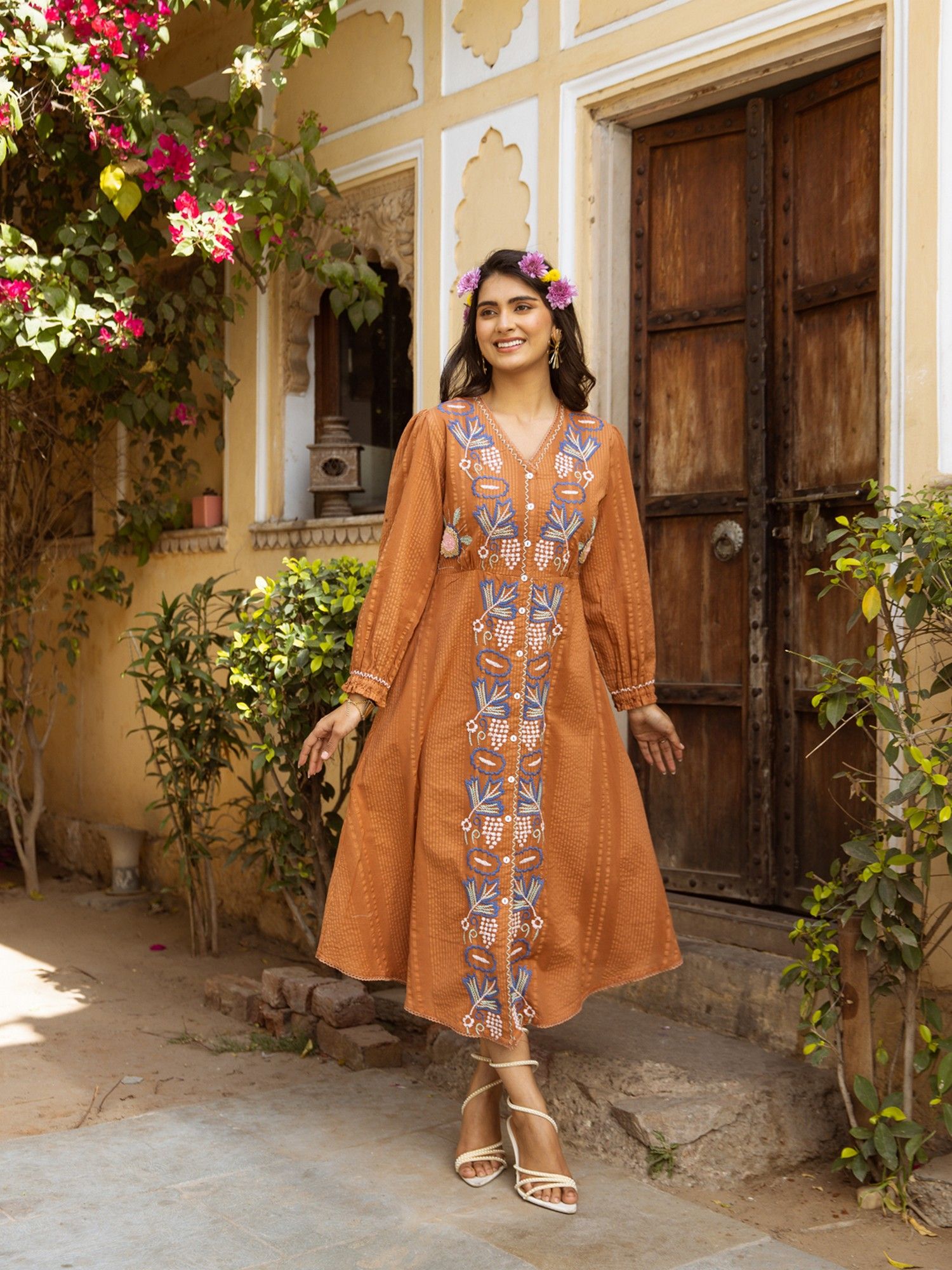 CUSTARD Women Orange Cotton Midi Western Dress