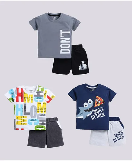 CUTOPIES Cotton Knit Pack Of 3 Half Sleeves Typography Printed Tee & Shorts Set - Grey Ink Blue & White
