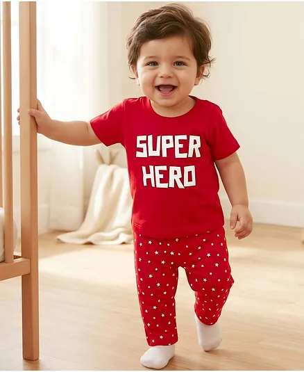 Doodle Poodle 100%  Cotton Half Sleeves Knit T-Shirt & Pyjama Night Suit Text & Star Print - Red