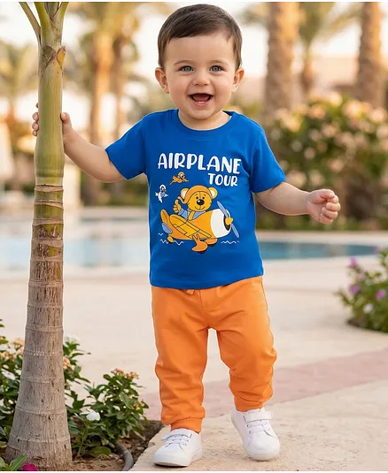Doodle Poodle 100% Cotton Knit Half Sleeves Animal & Aeroplane Printed T-Shirt & Trouser Set - Royal Blue & Orange