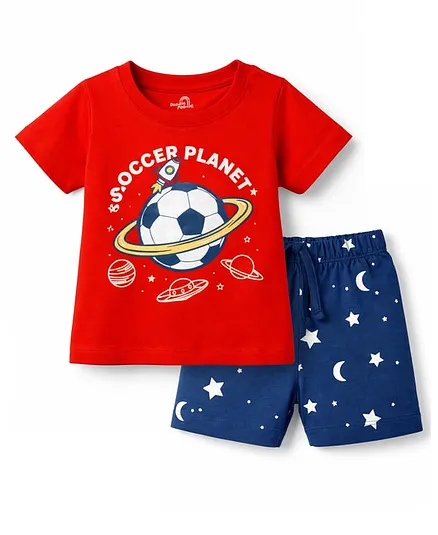 Doodle Poodle 100% Cotton Knit Half Sleeves Space Theme Printed T-Shirt & Shorts Night Suit - Red & Navy Blue