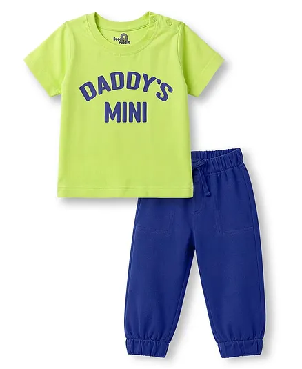 Doodle Poodle 100% Cotton Knit Half Sleeves Text Printed T-Shirt & Pant Set- Lime Green & Navy Blue