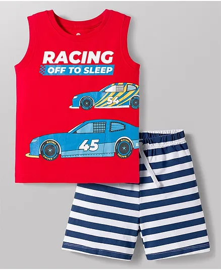 Doodle Poodle 100% Cotton Knit Sleeveless T-Shirt & Shorts Night Suit with Car Print - Red & White
