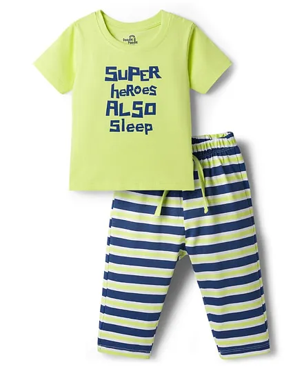 Doodle Poodle Single Jersey Knit Half Sleeves Striped & Text Printed T-Shirt & Pyjama Night Suit - Green