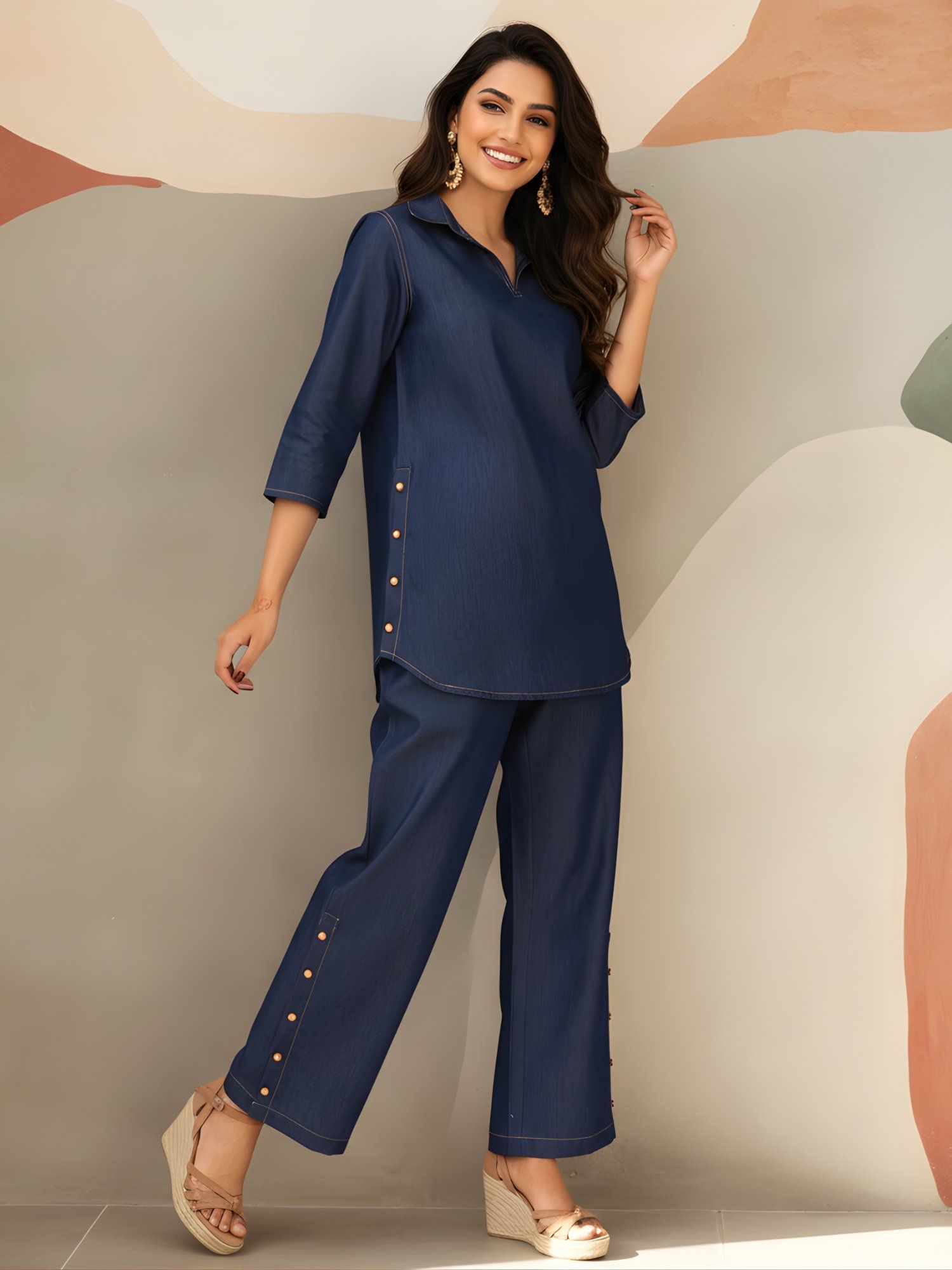 Dora Dori Navy Blue Denim Side Button Detail Co-Ord Set
