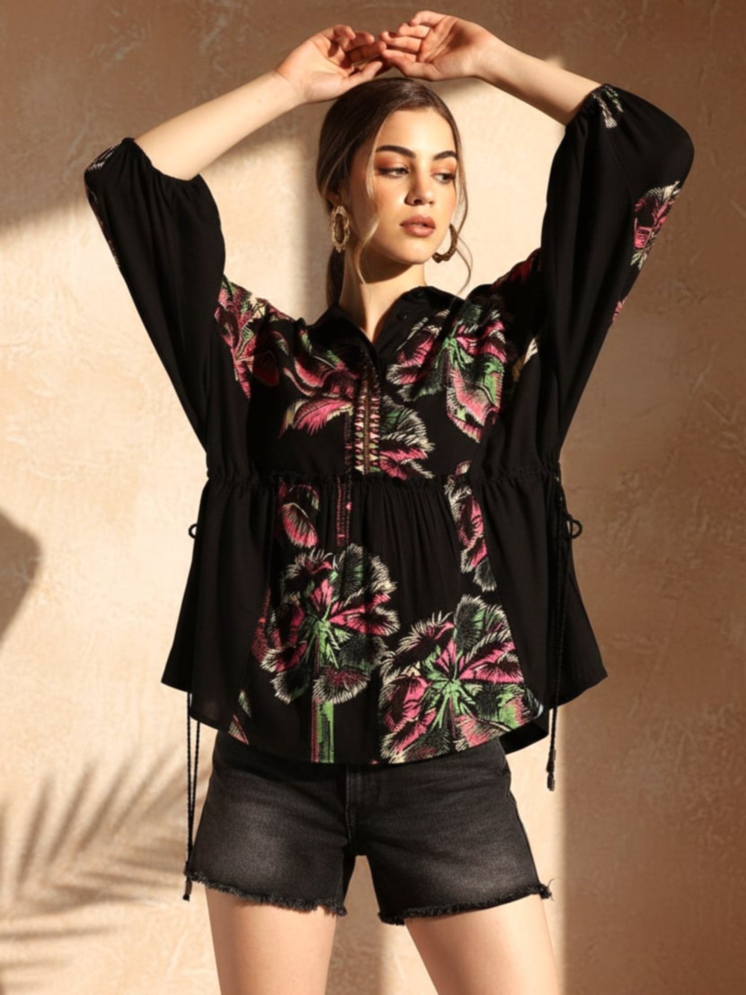 Dora Dori Relaxed Fit Black Floral Viscose Rayon Digital Printed Shirt Collar Kimono Top
