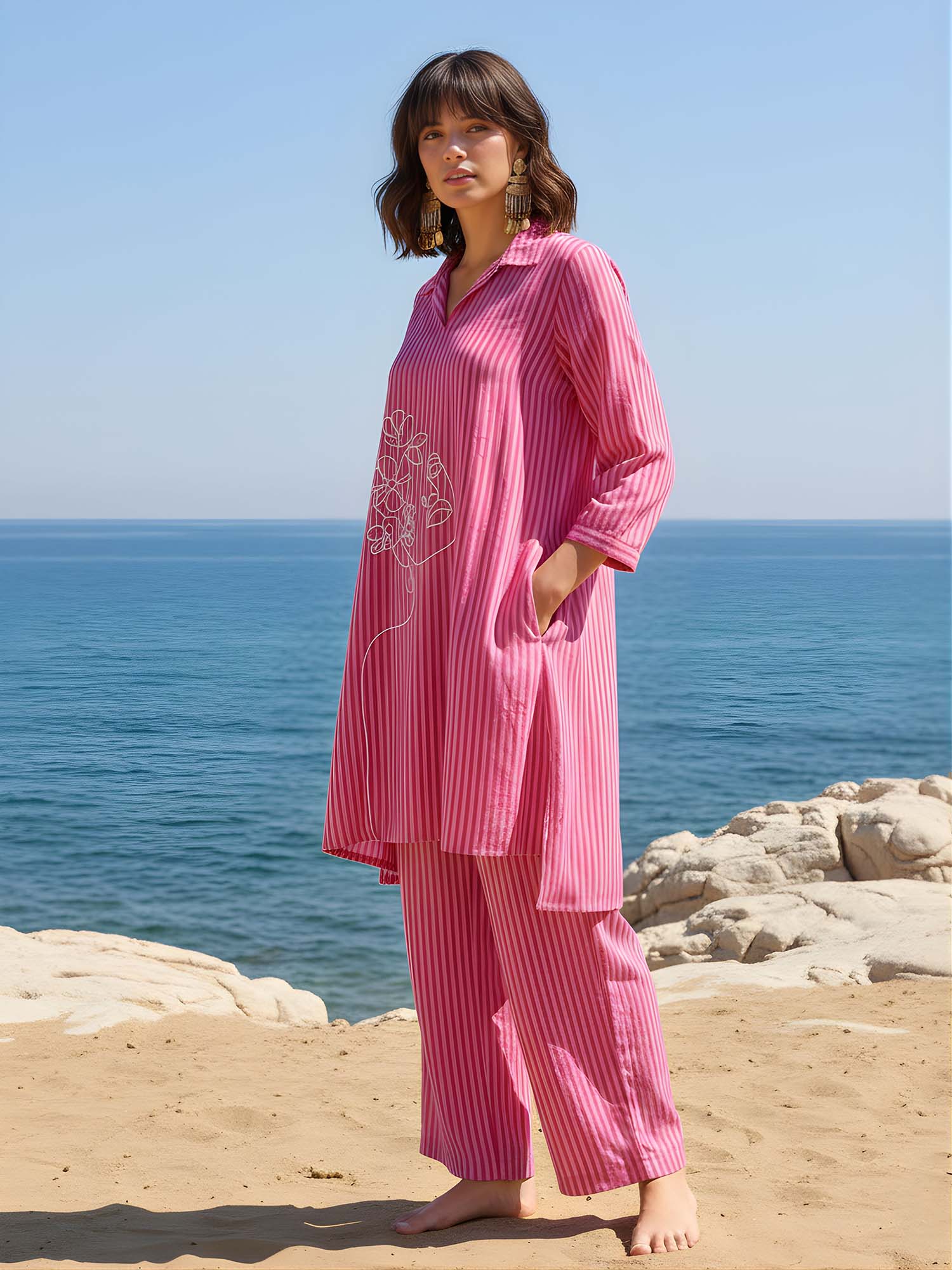 Dora Dori Women Pink Pure Cotton Collar Neck Co-Ord Set