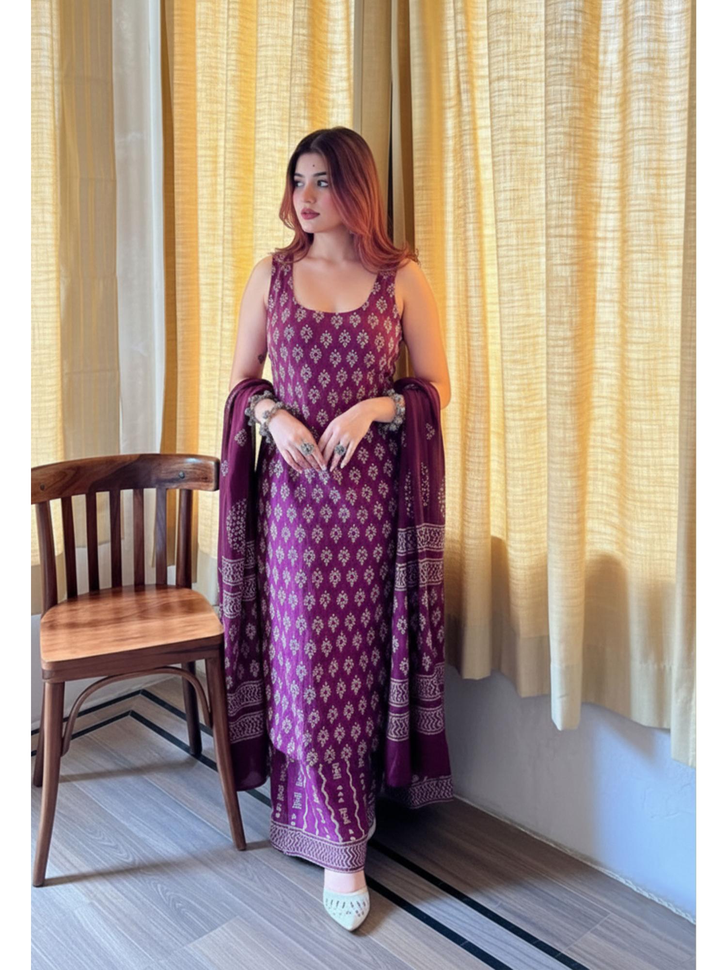 Ekta Textiles Women Purple Rayon Slub Shoulder Straps Kurta with Pant and Dupatta
