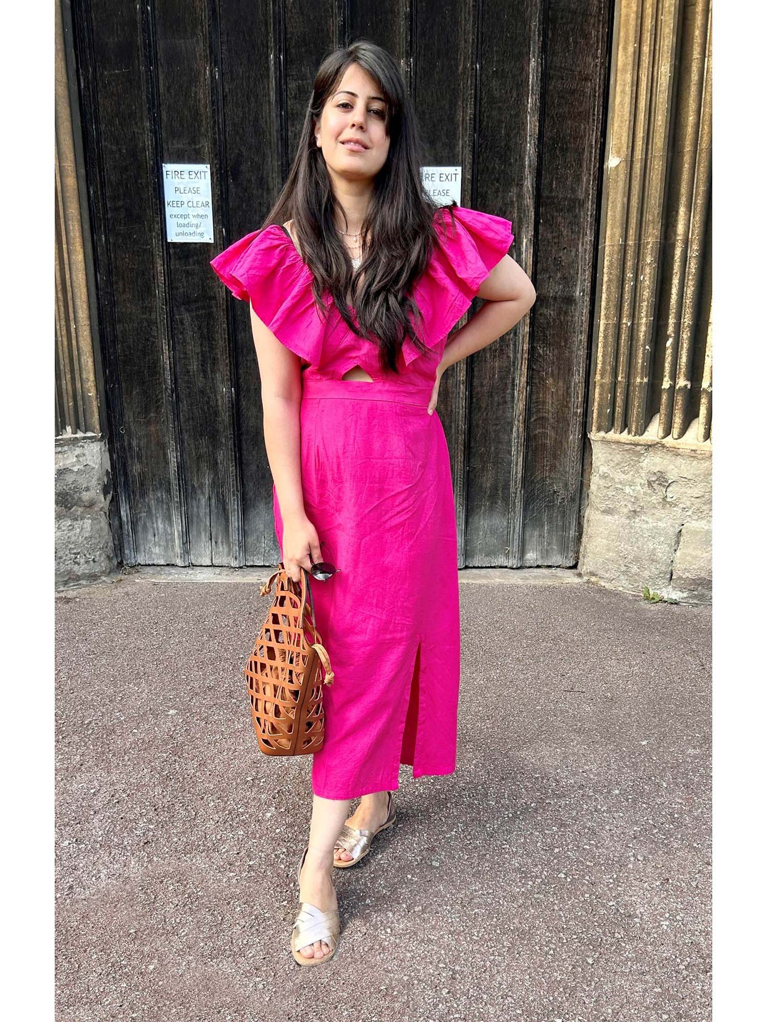 ELAYEE Flamingo Rose Hot Pink Solid/Plain Midi Dress