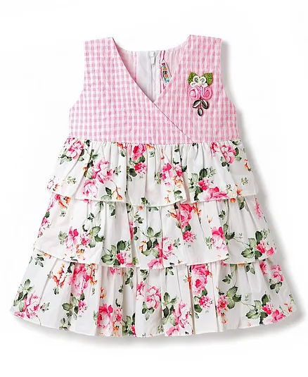 Enfance Core Cotton Woven Sleeveless Checks & Flower Printed Dress Pink 6-12 Months