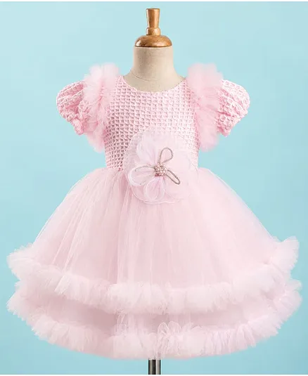 Enfance Net Woven Half Sleeves Flower Applique Layered Party Dress - Pink