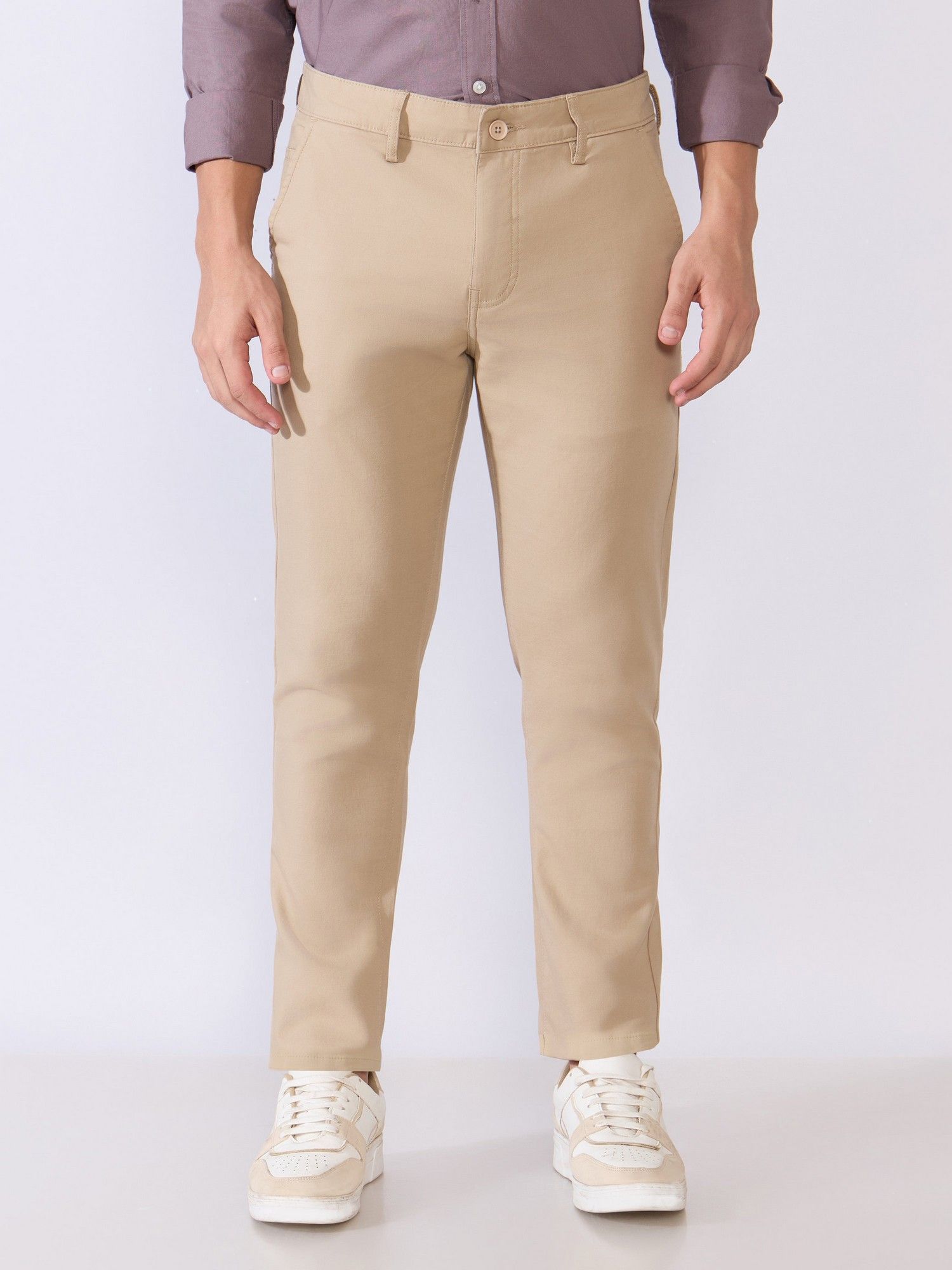 Espanshe Men Beige Cotton Blend Solid Slim Trouser