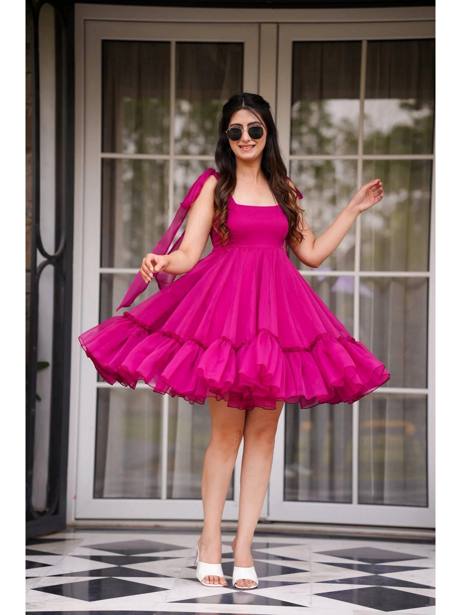 ESTELA Organza Fit and Flared Pink Dress