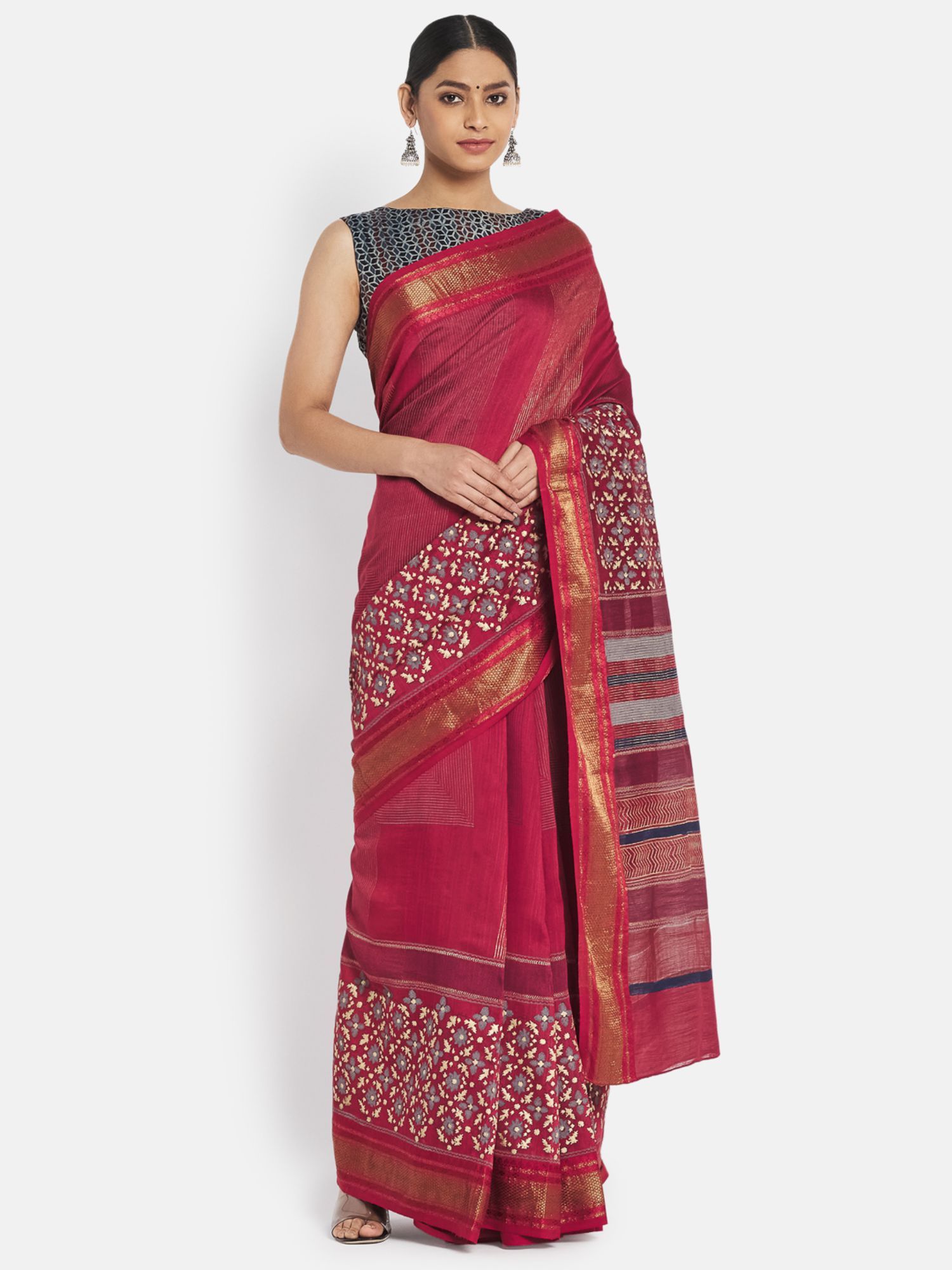 Fabindia Cotton Silk Floral Embroidered Saree